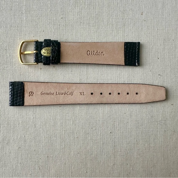NWOT Authentic Lizard-Calf Leather Black Pebbled Gilden Watchband w Gold, XL 19 - Picture 2 of 2